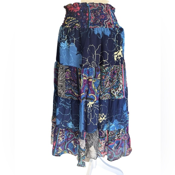 Chaudry Boho Patchwork Tiered Maxi Skirt Blue Floral Paisley Smocked Waist S - Picture 2 of 10